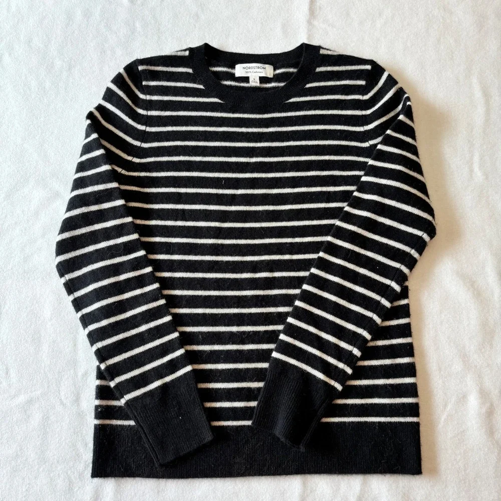 Nordstrom 100% Cashmere Preppy Striped Crewneck Sweater Black White Womens Small - Picture 2 of 6